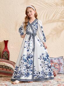 SHEIN Tween Girl Blue Floral Print Crossed V-Neck Tie Waist Flare Sleeve Elegant Midi Dress, Chinoiserie Floral Print, Countryside Vibe, Casual Vacation, Travel, Bohemian - Blue and White - View 3
