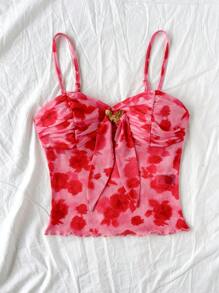 Soleia 女士度假玫瑰扎染花卉图案细肩带褶皱胸部系带金属蝴蝶结纽扣装饰合身波浪下摆吊带背心上衣，适合下午茶、音乐节、西部、海滩、派对、夏季