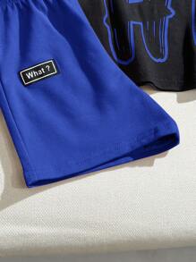 SHEIN Leap Crew 2 件男婴套装：字母印花圆领落肩套头衫 + 休闲短裤 - 藍色 - 查看 5