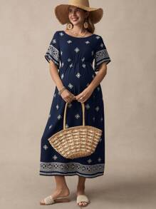 SHEIN Maternity Casual Allover Print Short Sleeve Dress - Navy Blue - View 3