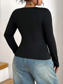 Calvaya Áo thun tay dài bó sát cổ chữ V họa tiết ren màu trơn gợi cảm cho nữ cỡ lớn - màu đen - Xem 2