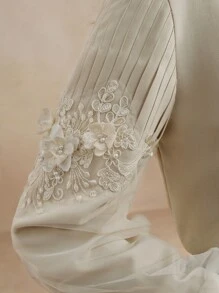 Anewsta 时尚优雅串珠花卉灯笼袖褶皱女式衬衫，非常适合情人节、度假和新年 - 杏色 - 查看 2