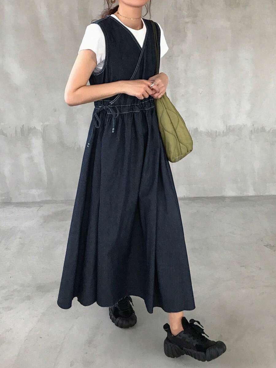 FRIFUL 女式简约牛仔休闲连衣裙，时尚日常穿着太阳裙 - 藍色 - 查看 1