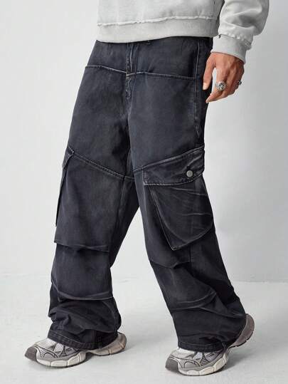 Grunge Punk Jeans cargo droits à jambes larges et décontractés pour hommes