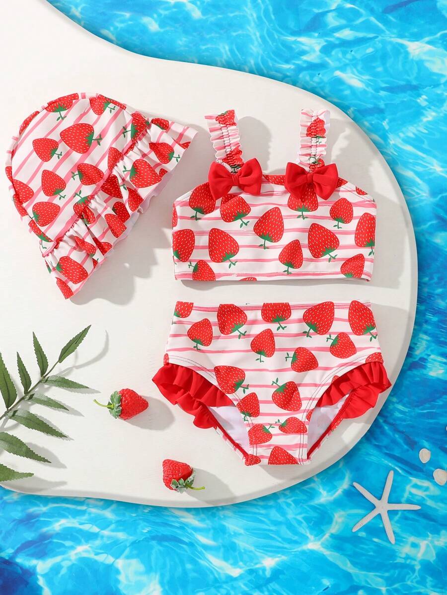 3 件装女婴蝴蝶结拼接格子沙滩装套装，配可爱格子帽 - 彩色 - 查看 1