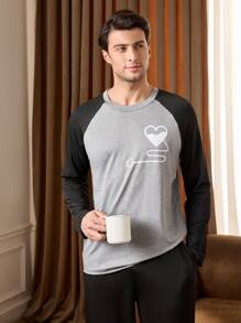 2pcs Men's Color Block Raglan Sleeve Top And Pants Loungewear Set