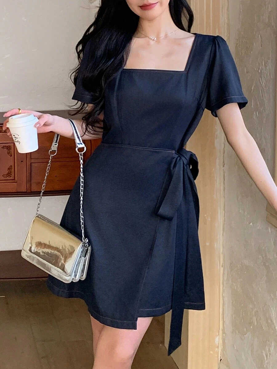 DAZY Women's Solid Color Square Neck Short Sleeve Side Ruched Mid-Length Dress Summer,Casual Women Dresses - Blue - View 1