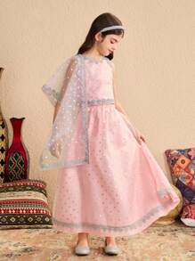 2pcs/Set Tween Girl Round Neck Sleeveless Embroidered Top And Skirt - Green - View 6