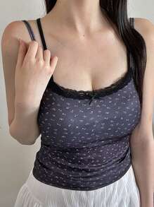 DAZY Women's Contrast Lace Ditsy Floral Fitted Cami Top, Spring/Summer Delicate Lace - Navy Blue - View 3