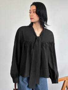 FRIFUL Women's Casual Bowknot Loose Blouse Long Sleeve Top