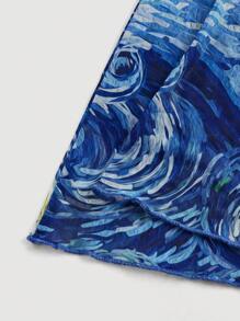 SHEIN MOD Women's Navy Blue Tie-Front Blouse, Flared Sleeve Layered Top With Van Gogh Starry Night Painting Print,Crop Tops