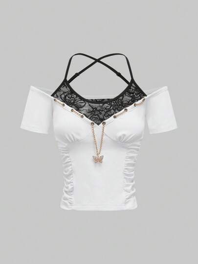 J-Fashion Damen Shibuya-Kei Gyaru Subkultur Y2K Look Carmen-Shirt mit Metalldekoration und Spitzenbesatz