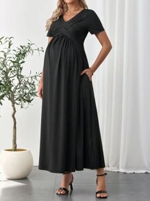 SHEIN 孕妇纯色 V 领收腰斜口袋无袖休闲夏装连衣裙 - 黑色 - 查看 1