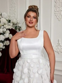 Glamrae Plus Size Elegant & Playful White Sleeveless Square Collar Short Puffy A-Line Dress, Bridal Shower, ,Party Dress, Wedding Dress, Little White Dress,Bride
