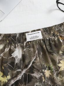 SHEIN Teen Girls Summer Olive Bare Branch Camouflage & Leaf Retro Print Loose Casual Street Sporty Shorts