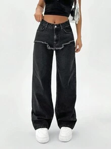 EURMUSE High Waist Frayed Detailed Straight Jean - Black - View 4