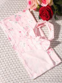 SHEIN Newborn Baby Photography Set With Rabbit And Flower Print - Multicolor - View 3