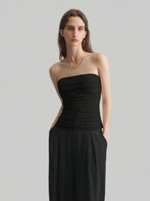 Ontre Áo croptop quây xếp ly màu trơn thanh lịch dành cho nữ 2026SS, thích hợp cho đi làm, công sở, thường ngày, du lịch, dự đám cưới, tiệc tùng, mùa hè. - màu đen - Xem 5