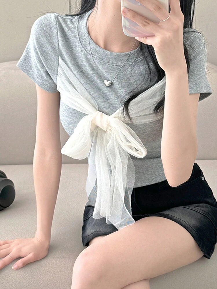 Women's Round Neck Fitted Cropped Contrast Mesh Bowknot Short Sleeve T-Shirt, Spring/Summer