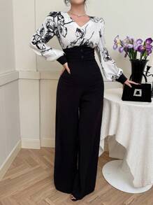 DAZY Mono con pierna ancha de rayon con estampado floral y contraste de color para mujer