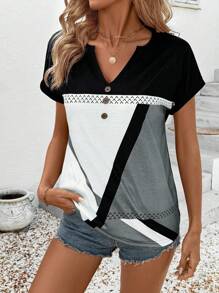 SHEIN LUNE Damen Mode Lässig Kurzarm T-Shirt, geometrisches grafisches Muster, Rundhalsausschnitt mit Knopfverschluss, locker sitzende bequeme Passform, Frühling/Sommer - Verschiedenfarbig - Übersicht 6