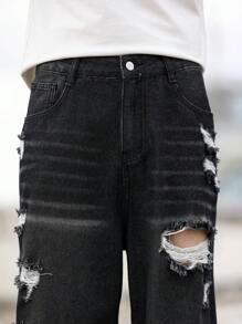 Manfinity Roughcore Loose Fit Men's Ripped Washed Jeans - Dark Grey - View 7