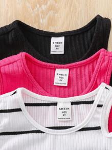 SHEIN Leap Crew 3pcs Young Girl Casual Minimalist Style Round Neck Hollow Back Tank Top - Multicolor - View 6