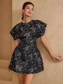 Aveloria Rosie Vestido corto de mujer con mangas de capucha, ajuste en la cintura, de tela jacquard con textura y contraste de colores, con estilo elegante y retro - Negro - Ver 5