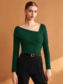 BizChic 春夏新款绿色女式上衣，纯色不对称领弹力T恤，商务休闲时尚都市通勤日常百搭浪漫90年代复古风圣诞节新年情人节派对海滩毕业典礼时尚嘉年华假日休闲简约浪漫风，适合婚礼宾客、主人、约会、派对、音乐会、早午餐、机场等多种场合。 - 墨綠色 - 查看 5