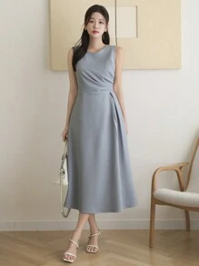 DAZY Sleeveless Solid Color Pleated Mid-Length Dress For Women Sundress Maxi Dress - Blue - View 6