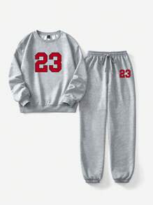 Slaydiva 2pcs/Set Setelan Sweatshirt Leher Bulat Oversized Wanita dan Celana Panjang Kasual dengan Tali Serut di Pergelangan Kaki, Musim Gugur/Dingin - Light Grey - View 3