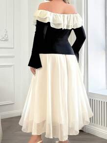 Auvina Elegantes Zweiteiler Set in Große Größen: Chiffon Bluse mit Kontrastfarbe, Off-Shoulder Schnitt, Taillierter Form und Weiten Ärmeln, kombiniert mit Rock - Verschiedenfarbig - Übersicht 2