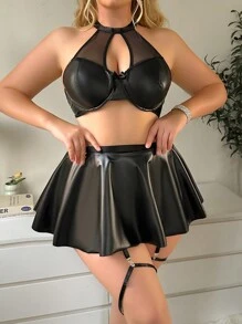 AltCore 5pcs/Set Plus Size Sexy Lingerie Set With PU Leather And Mesh Patchwork Design