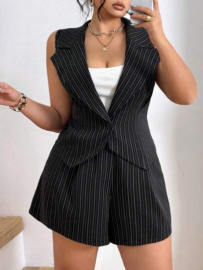 Calvaya Conjunto de top de tirantes y pantalones cortos de talla grande con estampado a rayas