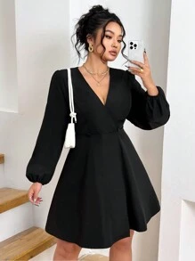 SHEIN LUNE Plus Size V-Neck Long Sleeve Light Formal Waist-Cinched Slim A-Line Dress - Black - View 4
