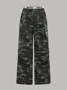 Girlism 2pcs/Set Tween Girls Long Sleeve Ribbed T-Shirt With Camouflage Panel Cargo Pants, Collegiate, Athleisure, Casual, Vintage/Boho, Fold Over, Army Green, White - Army Green - View 6