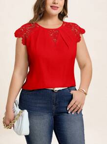 Chikora Plus Size Casual Simple Solid Color Lace Patchwork Blouse, Red Top For Summer