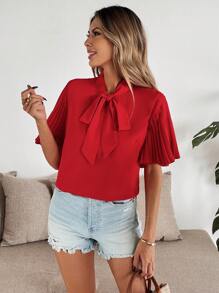 SHEIN Clasi Women's Elegant Ruffle Detail Butterfly Sleeve Tie Collar Blouse