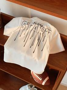 SHEIN 1 Piece Young Boys Casual Sport Shirt With Back Letter Pattern White Collar Short Sleeve Shirt Kids Outfits Young Boy Clothes Back To School Boys Set Suitable For Birthday Party, Party, Performance, Wedding, Baptism, Back To School Suitable For Daily Suitable For School Suitable For Travel Suitable For Sports Suitable For Spring And Summer - White - View 2