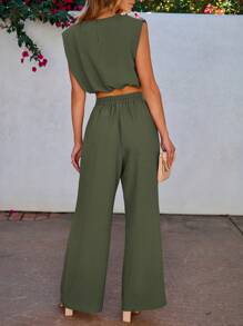Vivid Eden Women's Solid Color Round Neck Top And Long Pants Two-Piece Set For Vacation