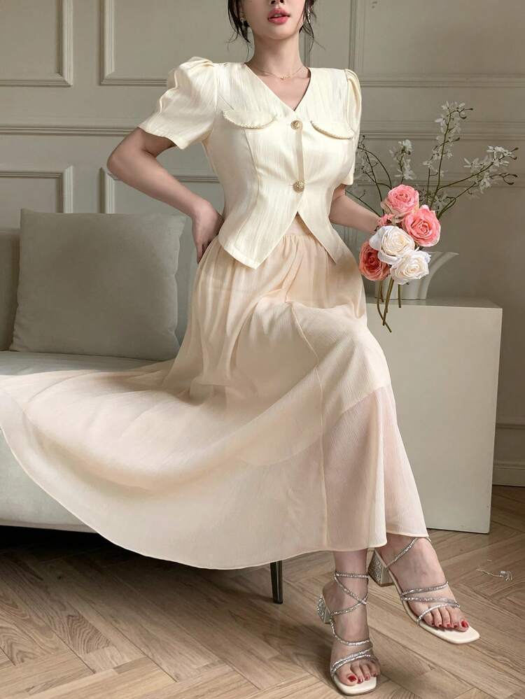 V-Neck Puff Sleeve Shirt & Pleated Skirt 2 Pieces Set For Women