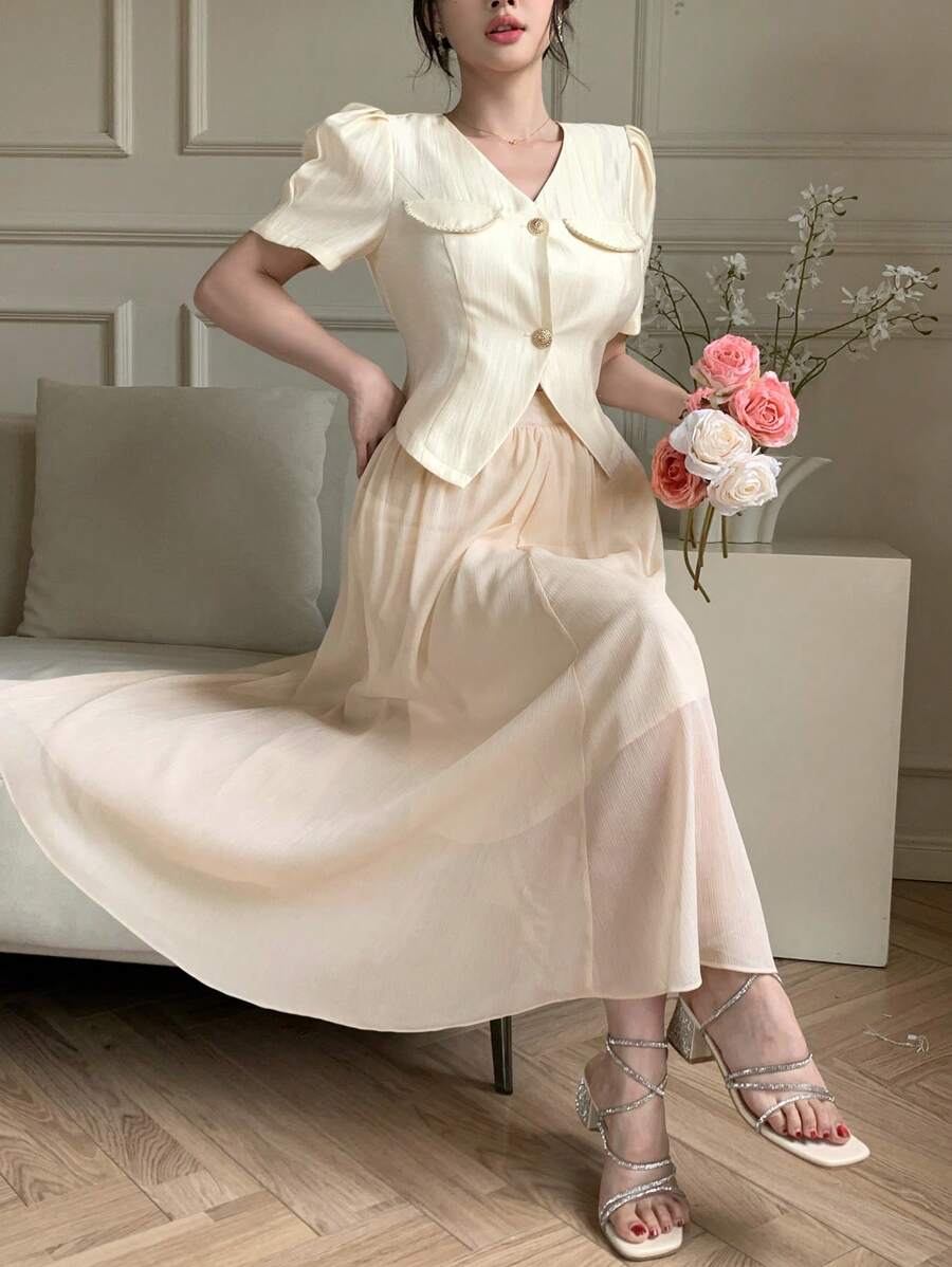 DAZY V-Neck Puff Sleeve Shirt & Pleated Skirt 2 Pieces Set For Women - Apricot - View 1