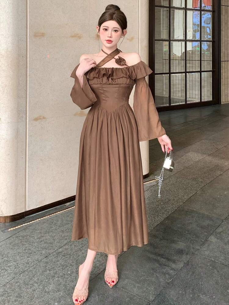 Fitted Pieced Ruffle Off Shoulder Standout Floral Decor Midi Dress For Women,Fall Dress Long Sleeve Dress