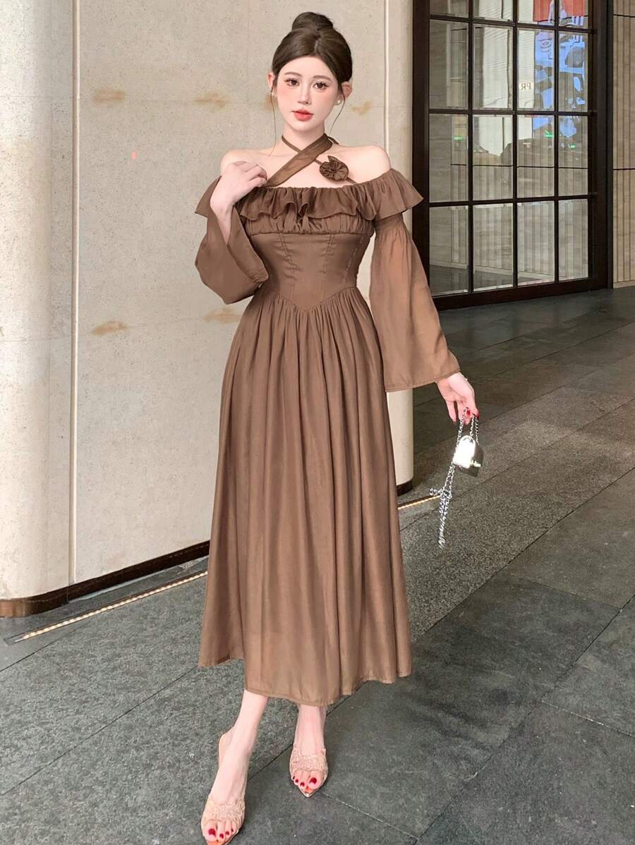 DAZY Fitted Pieced Ruffle Off Shoulder Standout Floral Decor Midi Dress For Women,Fall Dress Long Sleeve Dress