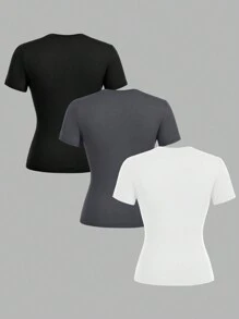 Comfortcana Bộ 3 áo thun cổ tròn dài tay bó sát thường ngày cho nữ, phù hợp cho mùa xuân/hè - Nhiều màu - Xem 2