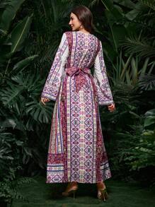 Al Najma V领喇叭袖高低下摆阿拉伯风格长裙，春夏，阿拉伯连衣裙，端庄 - 彩色 - 查看 3