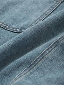 FRIFUL Blusa de denim casual con cuello redondo y bolsillo, unicolor para mujer - Azul - Ver 6