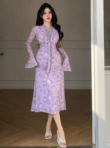 DAZY Women All-Over Floral Print Tie-Wrap Midi Dress,Ruffle - Blue - View 6