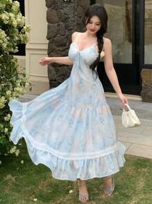 DAZY 新款春季花卉印花优雅束腰连衣裙，适合初次约会穿着，挤奶女工连衣裙 - 藍色 - 查看 1