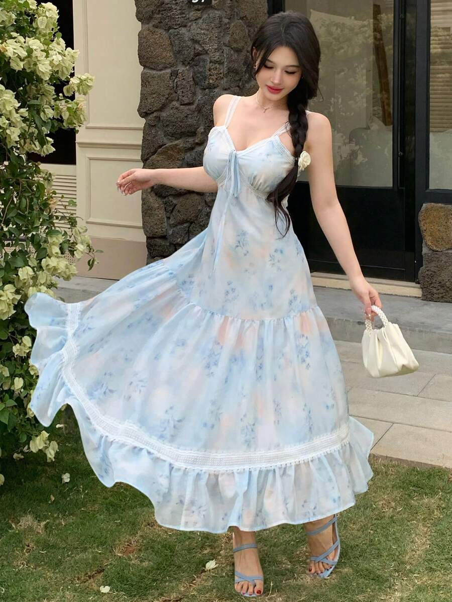 DAZY 新款春季花卉印花优雅束腰连衣裙，适合初次约会穿着，挤奶女工连衣裙 - 藍色 - 查看 1